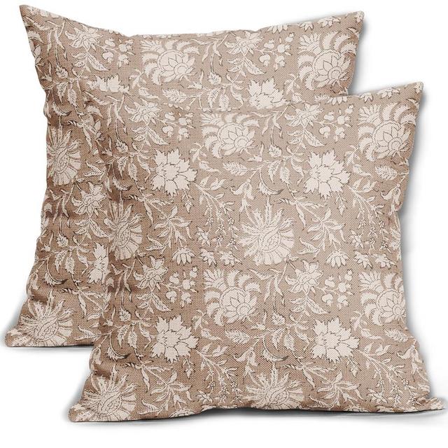 Light Brown Floral Pillow Covers 18x18 Set of 2 Cream Vintage Flower Block Print Pattern Decorative Throw Pillows Farmhouse Outdoor Rustic Square Cushion Cases Decor for Home Sofa Bed Couch
