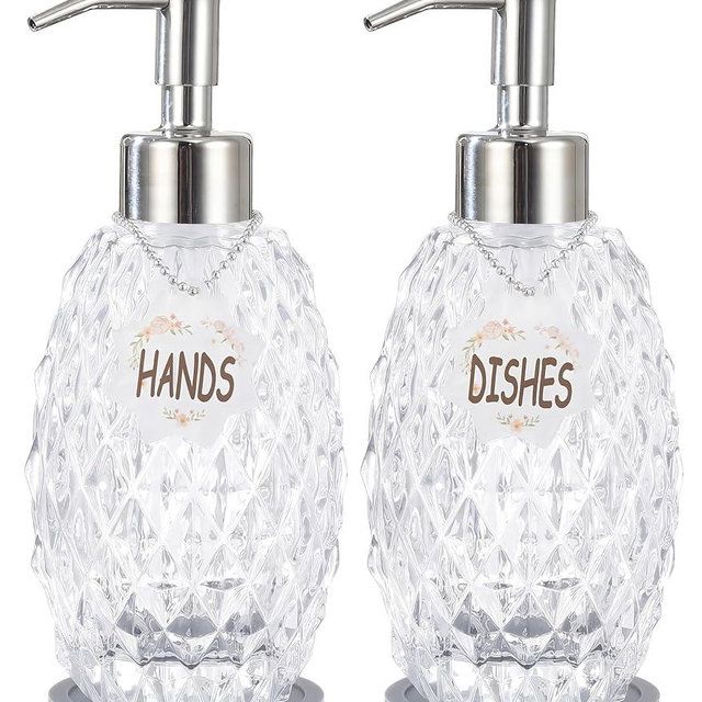 MALACHI Glass Soap Dispenser Set with Rust-Proof 304 Stainless Steel Pump, Refillable Hand Soap Dispenser for Kitchen Dish Soap & Bathroom Lotion, Body Wash (Diamond/Textured Design)