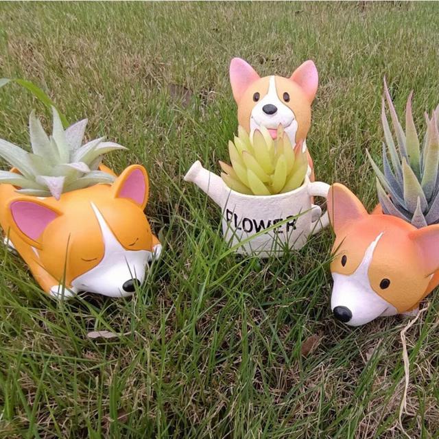 Corgi Planter with Artificial Succulent, Animal Flowerpot Kit, Corgi Gift for Plant Lovers, Cartoon Tabletop Decoration, Mother's Day Gift