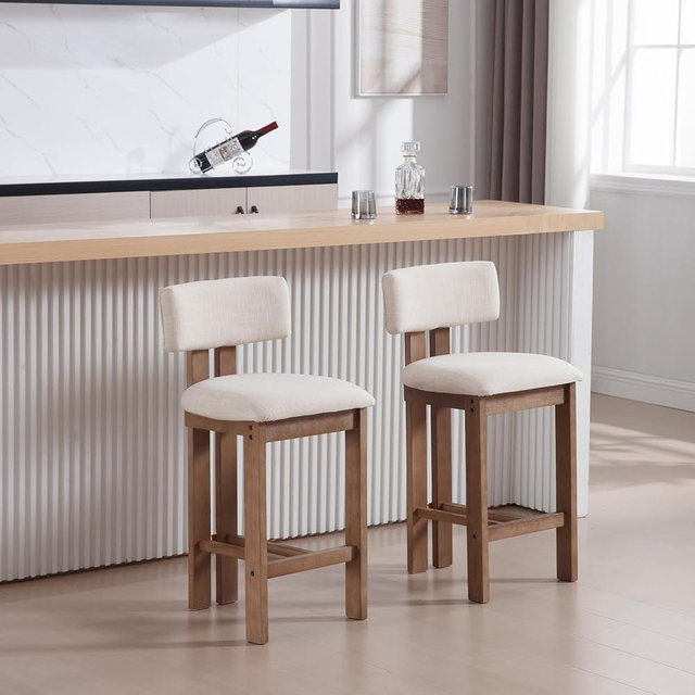 26" Farmhouse Bar Stools Set of 2, Modern Armless Counter Height Kitchen Stools, Linen Upholstered Bar Chairs with Natural Wooden Legs, French Country Stools for Kitchen Island, Beige