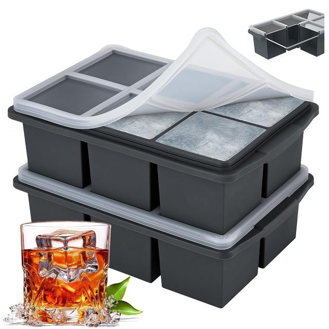 Large Ice Cube Trays for Whiskey, Silicone Ice Cube Tray, with Reinforced Steel Ring Top, Makes 12 perfect 2-in ice cubes, Square Ice Tray for Cocktails, Whiskey, Coffee. (2 Pack)