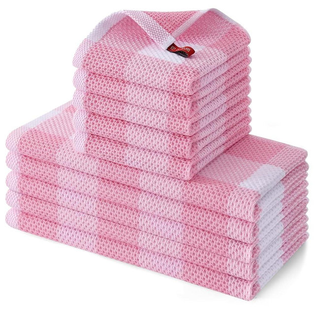 Homaxy Kitchen Towels and Dishcloths Set, 12 x 12 and 13 x 28 Inches, Set of 10 100% Cotton Waffle Weave Check Plaid Kitchen Dish Towels, Super Soft and Absorbent Dish Cloths, White & Pink