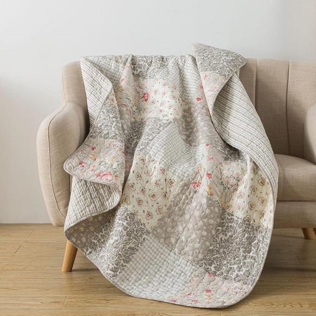 Walk in The Cotswolds 50" x 60" Cotton Quilted Throw Blanket, Neutral Floral and Cream Cottage Throw Quilt for Couch, Lightweight Pieced Patchwork Lap Quilt with Floral French Country Style