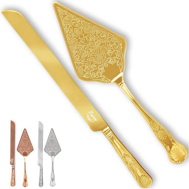 ZIMFANQI Cake Knife and Server Set,Stainless Steel Vintage Cake Cutting Utensils for Wedding, Birthday, Parties and Events (Elegant Gold)