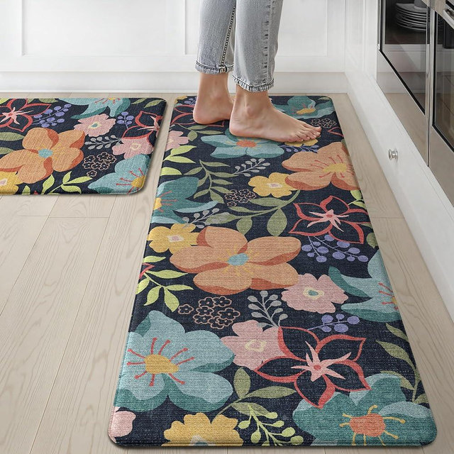 GENIMO Kitchen Mats for Floor 2PCS, Cushioned Kitchen Rugs Non Slip Washable, Farmhouse Anti Fatigue Mat Waterproof, Comfort Standing Mat Rug for Office, Home, Laundry, 17.3"x47"+17.3"x30", LightBlack