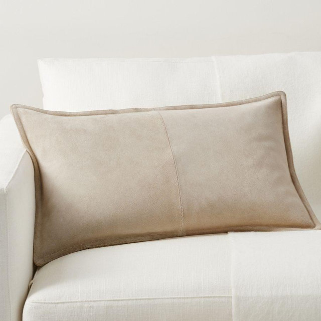 Pieced Suede Lumbar Pillow Cover, 16 x 26", Stone