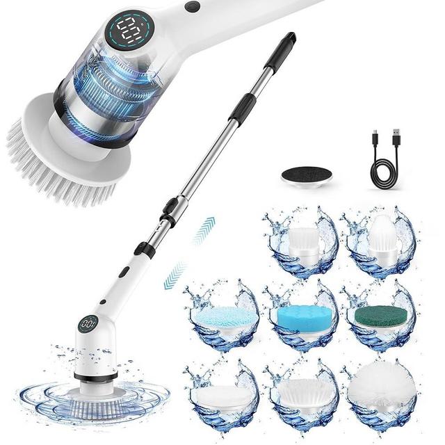 Macvor Electric Spin Scrubber,Cordless Cleaning Brush Shower Power Brush with Display and Long Handle,8 Replaceable Heads,3 Adjustable Speeds for Kitchen Bathroom Window Tub Floor Tile