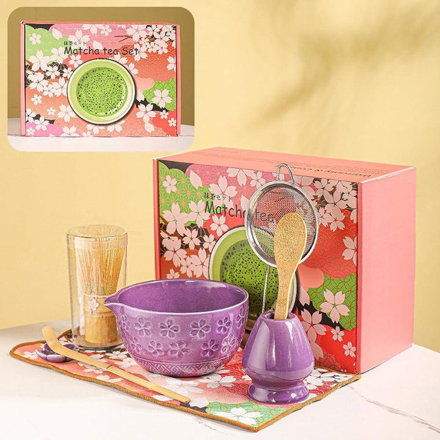 8-Piece Matcha Ceremony Set - Tea Kit with Cherry Blossom Bowl, Bamboo Whisk, Wood Scoops, Tea Cloth & Floral Display - Gift-Ready Pink Cherry color box (Purple;)
