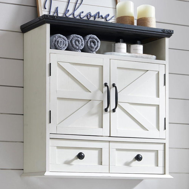 ACCOHOHO Bathroom Wall Cabinet, Farmhouse Medicine Cabinet, 24" Wide Bathroom Cabinet with Drawer, Adjustable Shelf, Double Barn Doors, Storage Cabinet for Bathroom, Kitchen, Living Room, Off White