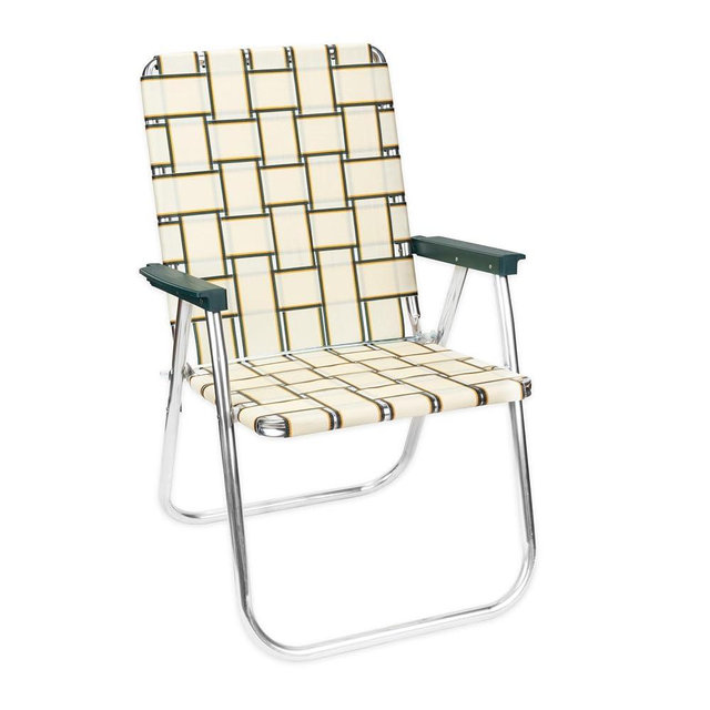 Lawn Chair USA Folding Aluminum Outdoor Patio Lawn Chair | Heavy-Duty Webbed Chairs for Camping, Sports, Beach, Yard & Tailgating | Lightweight Portable | Classic - Charleston Tan with Green Arms