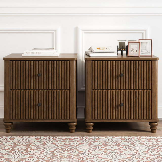 Set of 2 Nightstand with 2 Drawers&1 Hidden Drawer, Wood End Table Accent Table Side Table, Walnut-Modernluxe