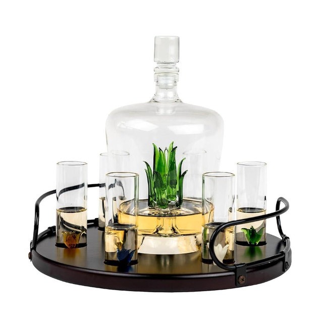 Tequila Decanter Tequila Glasses Set with Agave Decanter and 6 Agave Shot Glass With Stand, Perfect for Gifts for Tequila Lovers, Ounce Bottle, OZ Tequila Party Decorations Cinco De Mayo (Agave)