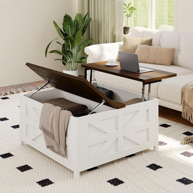 Melidee Farmhouse Lift Top Coffee Table - Wood Square Center Table with Hidden Storage Space, Charging Station & USB Ports, for Living Room, Home Office - 33.5" L x 33.5" W x 17.6" H