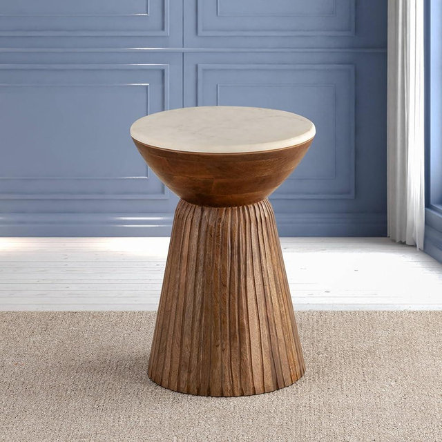 Albany Living Marble Top Solid Mango Wood Decorative Cylindrical Pedestal Side Table, Contemporary Accent Side/End Table, Fully Assembled, for The Living Room and Bedroom, Natural