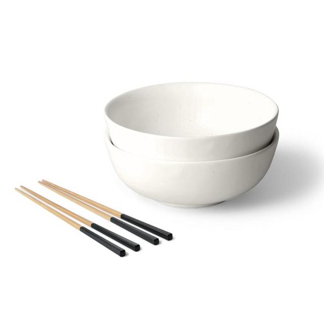 Fable Ramen Set - Includes 2 Ramen Bowls and 2 Pairs of Chopsticks - Durable, Dishwasher Safe Stoneware Ceramic Bowls and Bamboo Chopsticks- Speckled White