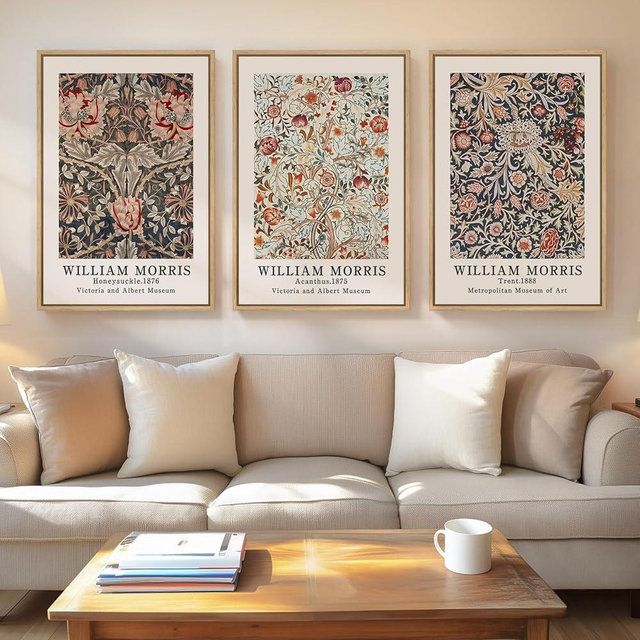 Framed Large William Morris Canvas Wall Art Set of 3, Vintage Floral Botanical Artwork Prints, Rustic Boho Farmhouse Aesthetic Decor for Living Room, Bedroom, Hallway or Office, 24x36 Inch