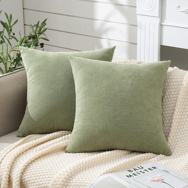 Decorative Square Throw Pillow Covers 20x20 Inch set of 2, Super Soft Chenille Farmhouse Fall Pillowcase for Living Room Bedroom Sofa Couch Cushion Cover Fundas Para Cojines Decorativos Green 50x50cm