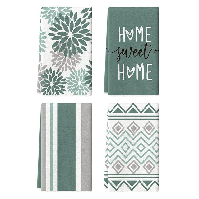 Artoid Mode Green Home Sweet Home Stripes Boho Spring Kitchen Towels Dish Towels, 18x26 Inch Farmhouse Summer Decoration Hand Towels Set of 4