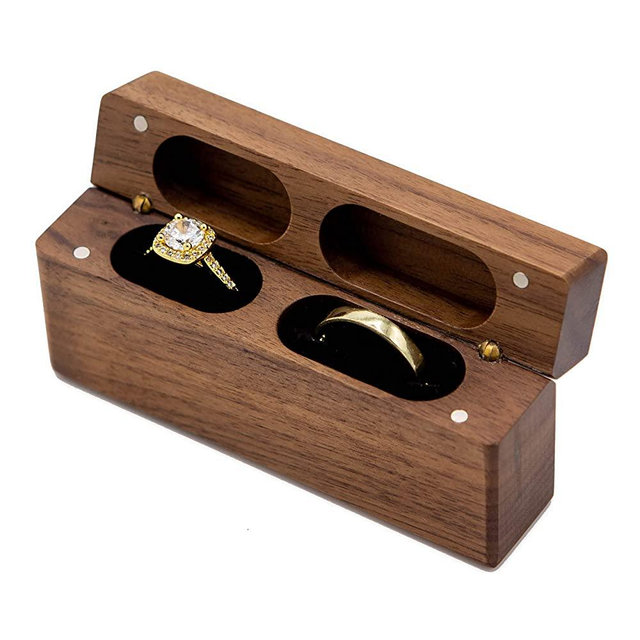 MUUJEE Wood Ring Box for 2 Rings - Slim Double Ring Storage Holder, Modern Wedding Ceremony Ring Bearer Box