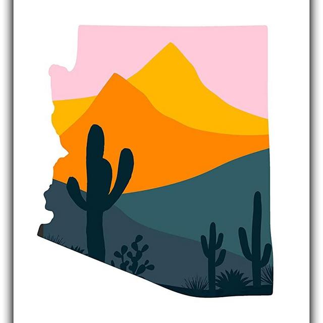 Arizona State Map Wall Art Print - 8x10 Silhouette Decor Print with Modern Abstract Desert Design. Makes a Great AZ-Themed Gift. Shades of Grey, Blue, Pink, Orange on White.