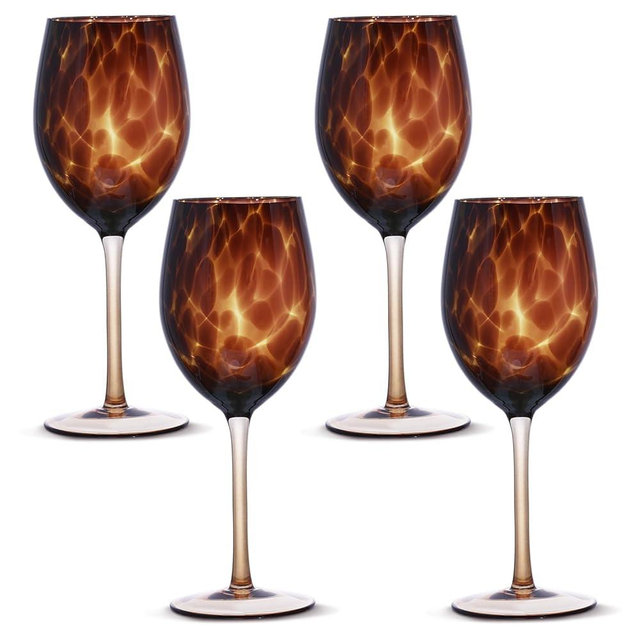 Honeydak Set of 4 Tortoise Leopard Print Brown 15oz Rocks Glasses Stylish Stemless Cocktail Cups Glass Glassware Tumbler Ideal for Gin, Tequila, Vodka, Soft Drinks