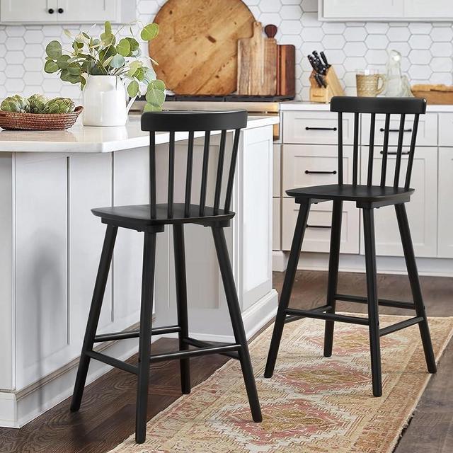 LUE BONA Windsor Wooden Bar Stools Set of 2 for Kitchen Island, Farmhouse 26 Inch Counter Height Stools Chairs with Spindle Back, Black