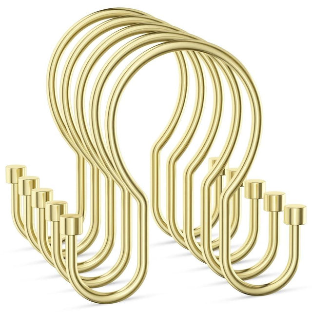 Goowin Shower Curtain Hooks, Simple Shower Curtain Rings, Sturdy Shower Curtain Hangers, Double Hook Gold Shower Curtain Hooks, Smooth Gliding Metal Shower Hooks for Shower Curtain (Gold, 12 Pack)