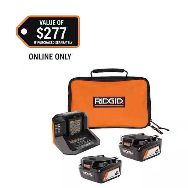 RIDGID 18V Lithium-Ion (2) 4.0 Ah Battery Starter Kit with Charger and Bag AC93044SBN