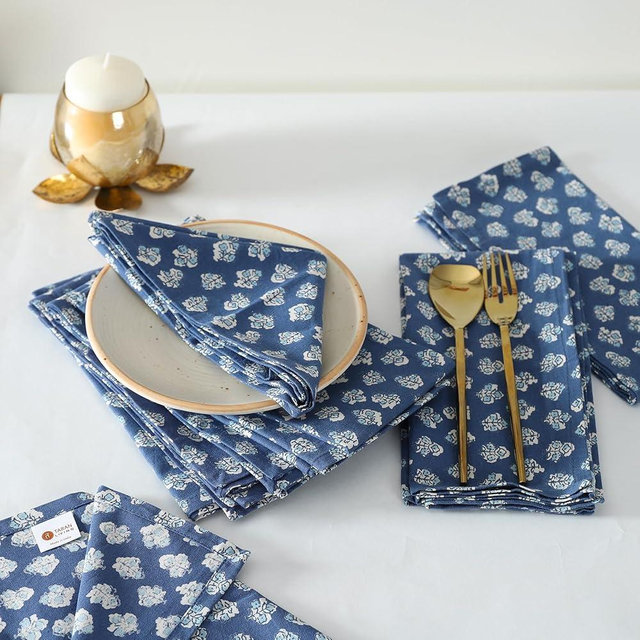 TARAN LIVING Printed Cotton Cloth Napkins Reusable Fall Dinner Napkins Reusable Floral Cloth Napkins Set of 6 Machine Washable Fabric for Events, Gift, Home Decor - 18"x18" - Indigo Blue, Pack of 6