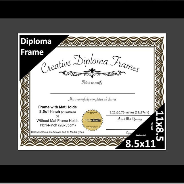 Creative Picture Frames 8.5x11 Classic Black Diploma Frame with Black Mat Glass Easel and Installed Wall Hangers | Frame Holds 11x14 Media without Mat