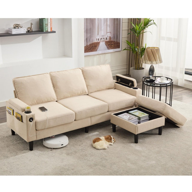78"W 4-seat Upholstered Sectional Sofa, L-Shape Knock Down Sofa Couch with Removable Storage Ottoman 4L, Beige -ModernLuxe