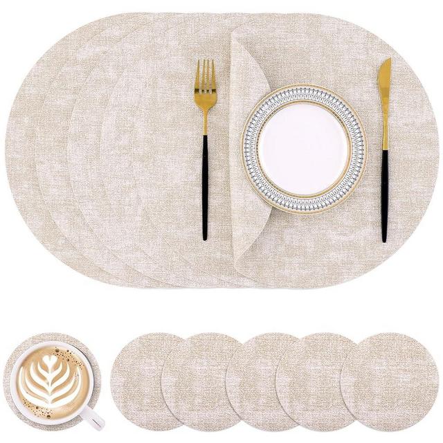 Homaxy Round Faux Leather Placemats and Coasters, Washable Dual-Side Table Mats, Wipeable Heat-resistand Dining Place Mats for Outdoor and Indoor, Set of 6, Diameter 13 and 3.93 inch, Beige