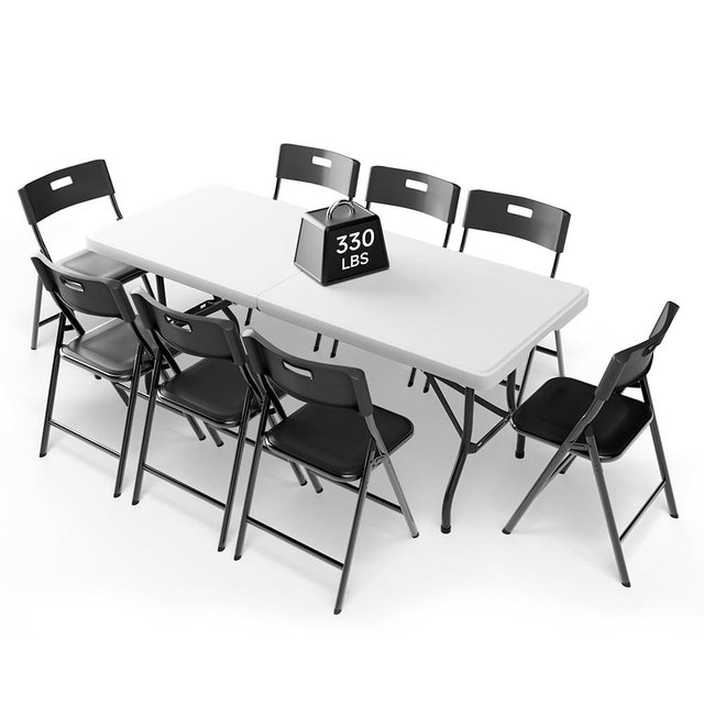 Ortus Collective 6FT Folding Table Set with 8 Folding Chairs, Heavy Duty 330 lbs Table & 330 lbs Chairs, Portable Folding Furniture Bundle for Camping, Party, Indoor & Outdoor Use