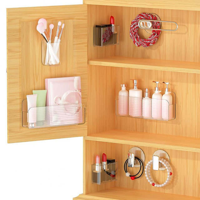iCASA Medicine Cabinet Door Organizer, 8-Pack Bathroom Mirror Cabinet Door Storage, Clear Acrylic Cosmetic Display Case Adhesive Wall-Mounted Shelves Vanity Makeup Organizers Caddy Holder for Lipstick