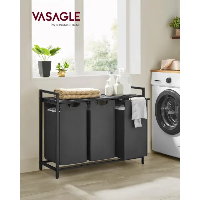 VASAGLE Laundry Hamper, Laundry Basket, Laundry Sorter with 3 Pull-Out and Removable Bags, Shelf, Metal Frame, 3 x 10 Gallons Black and Gray