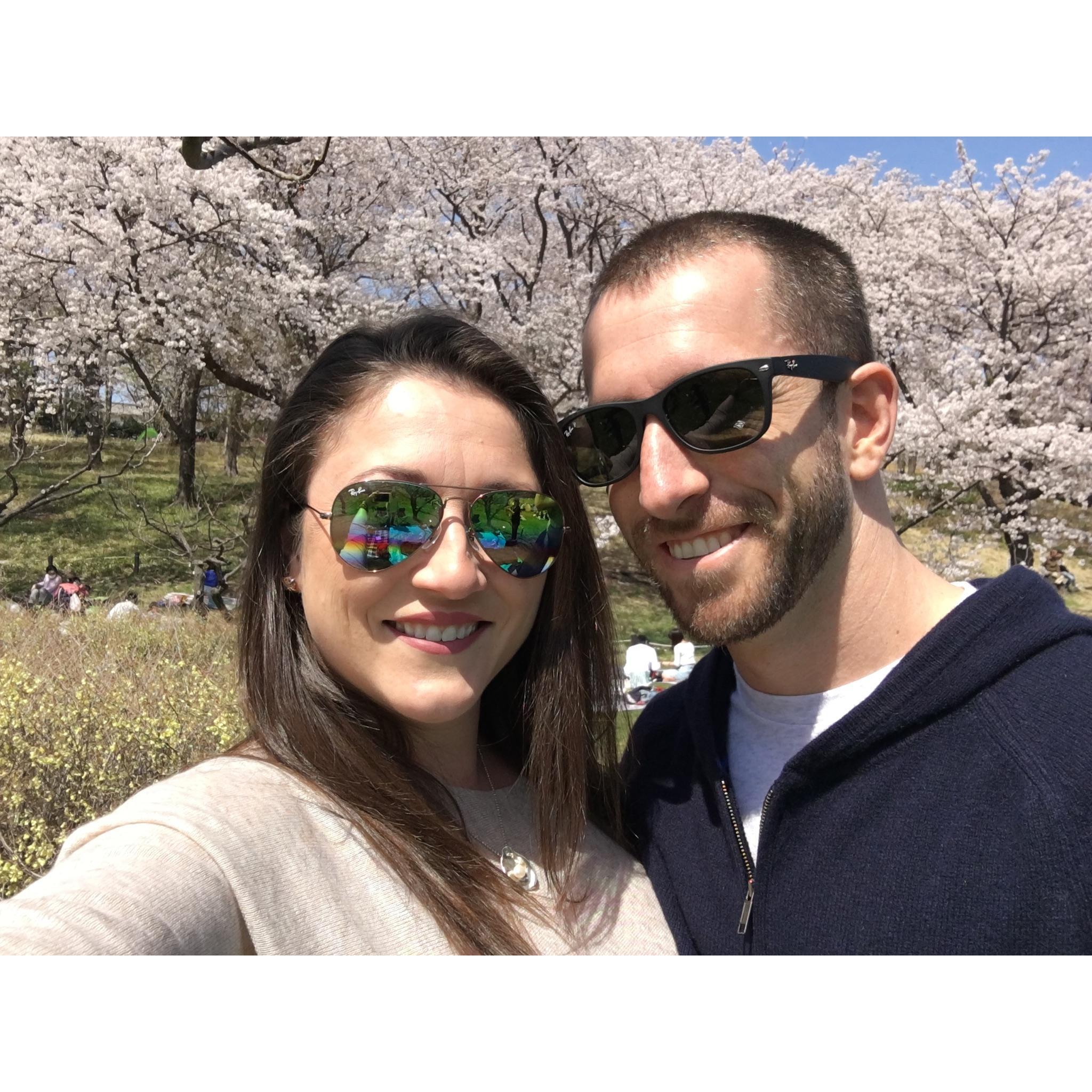 International love in Japan for cherry blossom viewing.