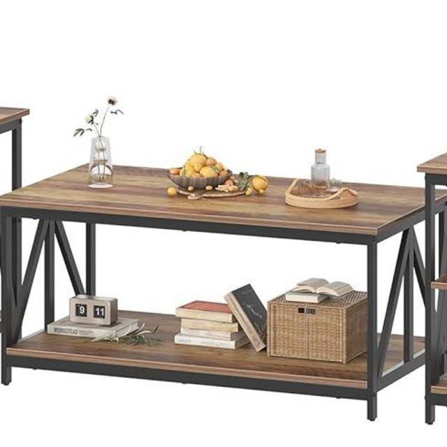 Bigbiglife Living Room Coffee Table Set of 3, Industrial Triangular-Design Coffee Table and 2 End Side Tables, 3 Piece Living Room Table Set with Large Storage for Apartment Home (Rustic Brown)