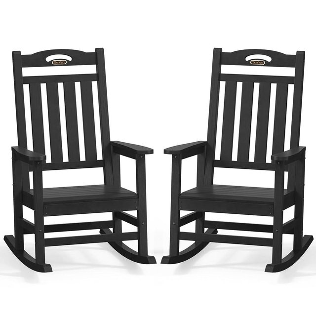 SUUNYN Oversized Outdoor Rocking Chair Set of 2, High Back Porch Rocker Chair, HDPE All Weather Resistant Rocking Chairs for Patio,380lbs Weight Capacity, Black
