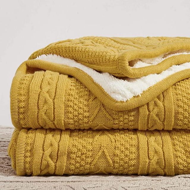 Longhui bedding Mustard Yellow 50 x 63 Inches Acrylic Cable Knit Sherpa Throw Blanket - Thick, Soft, Big, Cozy Yellow Knitted Fleece Blankets for Couch, Sofa, Bed - Large Yellow Coverlet All Season