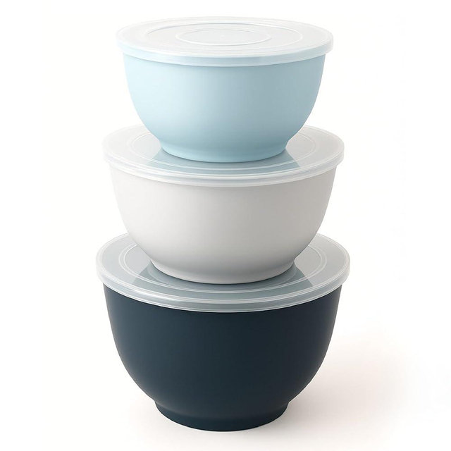 TP Large Mixing Bowl Set with Lids, Melamine Nesting Bowls Set for Pasta Baking Salad Mixing, Set of 3, Blue and White