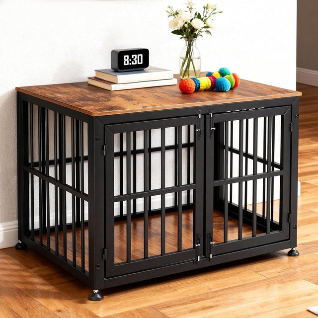 Oranland 42 Inch Heavy Duty Dog Crate Furniture,Dog Kennel Furniture Indoor for Large and Medium Dogs,Decorative Pet House End Table, 0.8 Inch Steel Tubes Wooden Cage/Max Load Capacity 300lbs/Black