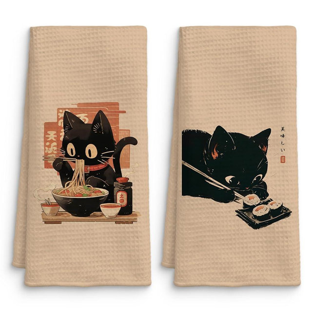 QICLM Funny Black Cat Kitchen Towels Set of 2, Sushi Cat Lover Gifts Dish Towels, Japanese Ramen Noodles Sushi Black Kitty Decorative Hand Towels 16x24 Inch