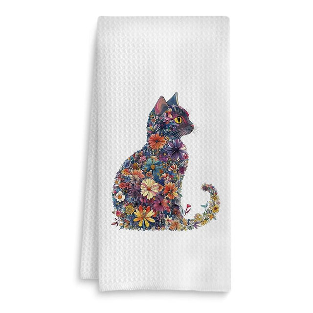 Fuasei Flower Cat Kitchen Towel, Floral Cat Hand Towel for Bathroom Decor, Kitten Dish Tea Towel for Kitchen Decor, Pet Gifts for Kitten Lovers Women Girls, 16x24 Inches