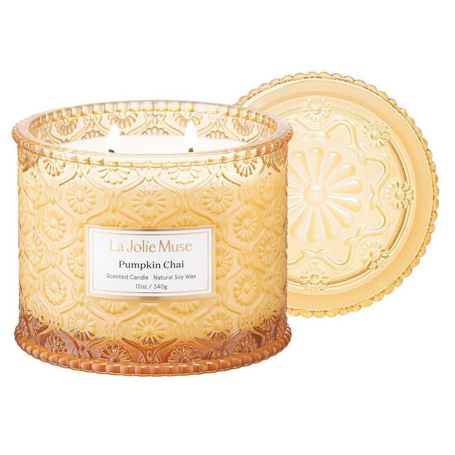 LA JOLIE MUSE Pumpkin Candle, Fall Candles for Home Scented, Large 2-Wick Soy Candles, Candle Gifts for Women & Men, Luxury Jar Candles, 60 Hours Long Burning, Pumpkin Chai, 12oz