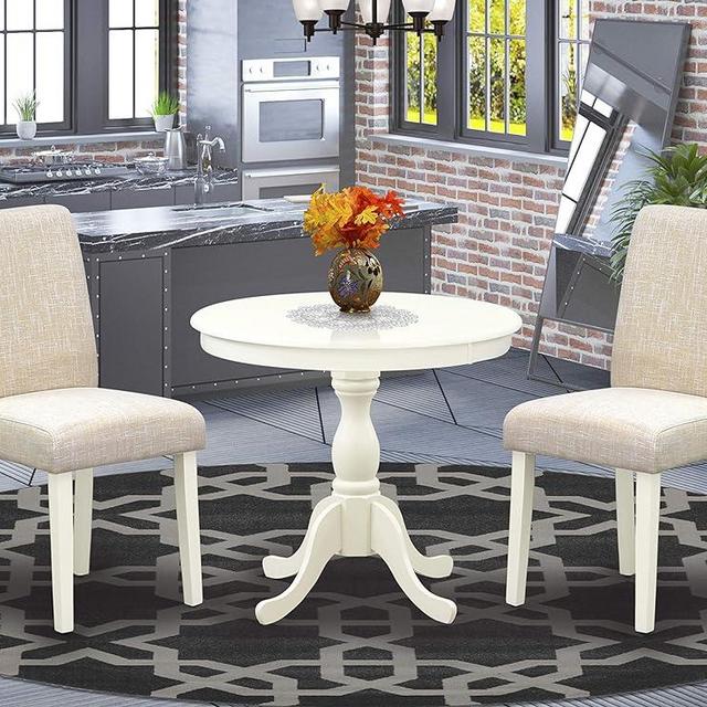 East West Furniture AMAB3-LWH-02 3 Piece Room Furniture Set Contains a Round Dining Table with Pedestal and 2 Light Beige Linen Fabric Upholstered Chairs, 36x36 Inch