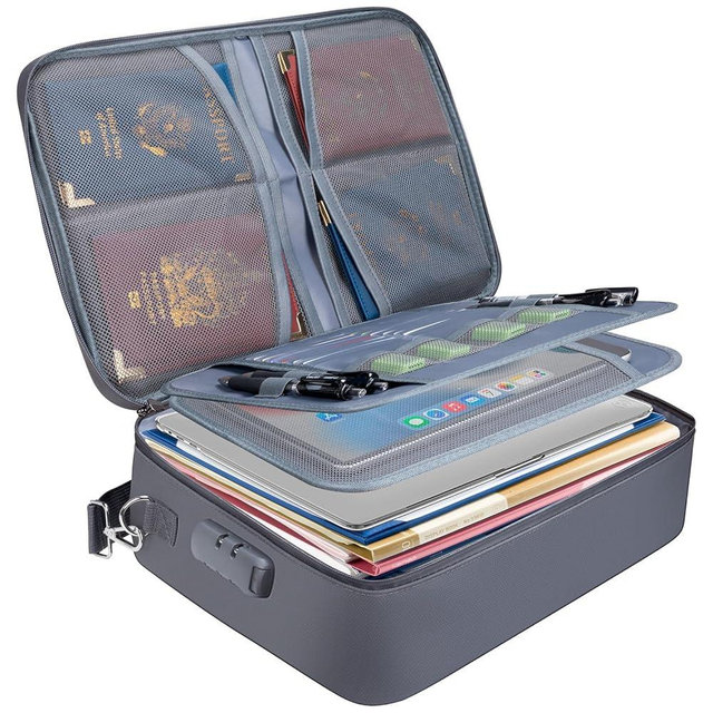 BALEINE Fireproof Document Box with Lock, Portable Fireproof Document Bag Waterproof Fire Proof File Boxes for Documents, File Organizer Box for Important Paperwork (Gray, 15''x11''x4'')