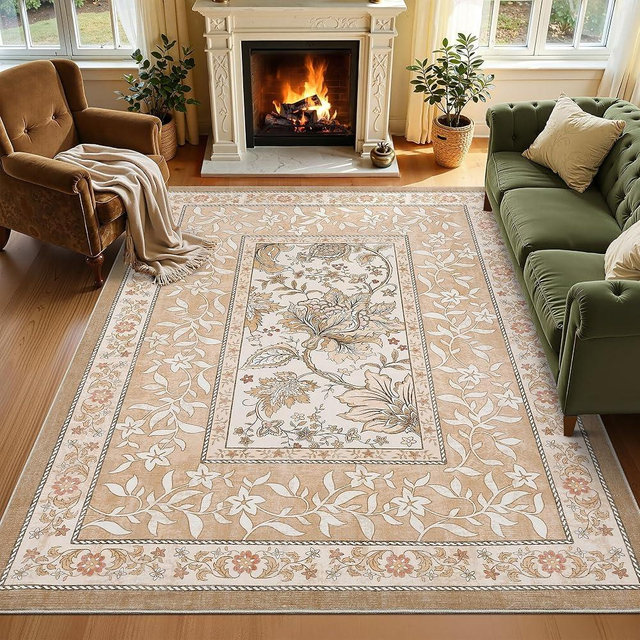 GarveeHome Provence 5x7 Area Rugs, Botanical Grove Pink Brown Scroll Vintage Cottagecore Non-Slip Washable Rug for Bedroom Living Room Nursery Kitchen Low-Pile Retro Carpet