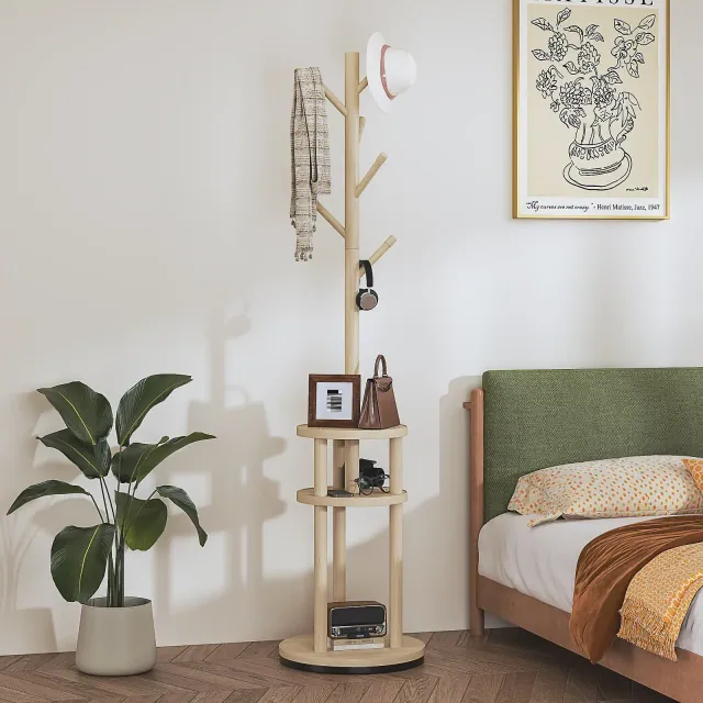 VECELO Coat Rack Freestanding, Solid Wood Entryway Hanger Stand, Hall Tree with Hooks, Floor Standing Tree Stand, Natural wood