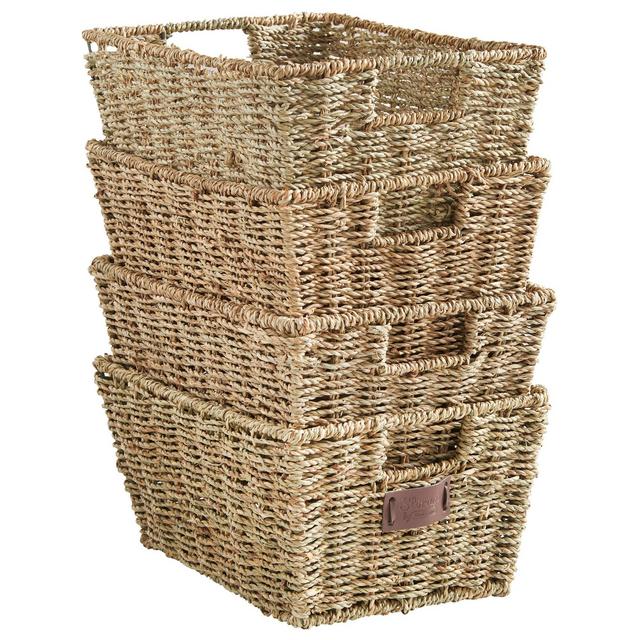 VonHaus Set of 4 Seagrass Storage Baskets with Insert Handles Ideal for Home and Bathroom Organization - 12(L) x 9(W) x 6(H) inches