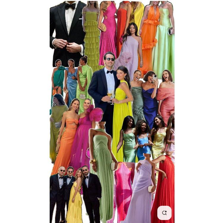 Examples of men and women's black tie optional attire for the wedding.